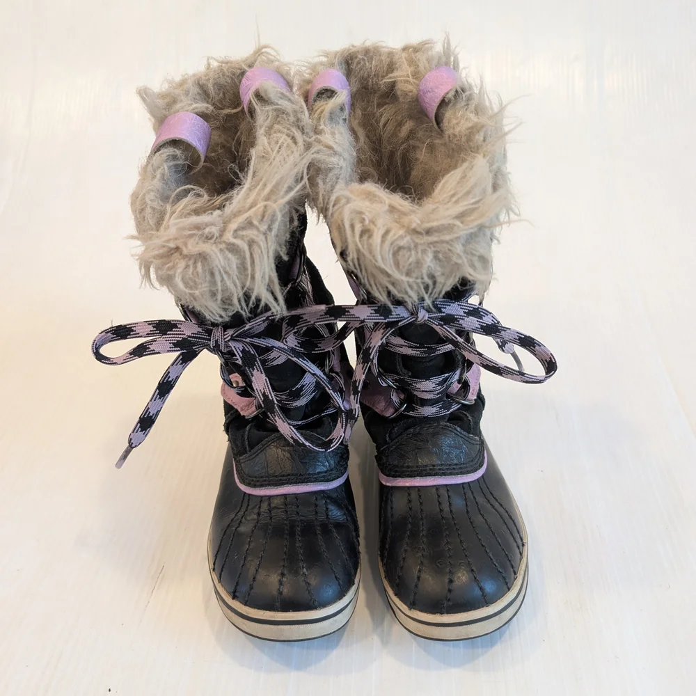 SOREL Girls Joan Of Arctic Black Purple Lace-up Winter Snow Boots Size 1